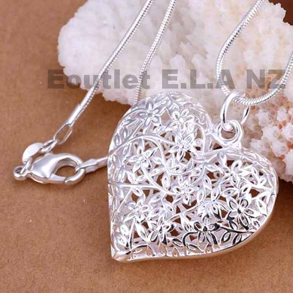 32mm FILIGREE PUFF HEART SILVER NECKLACE-46cm